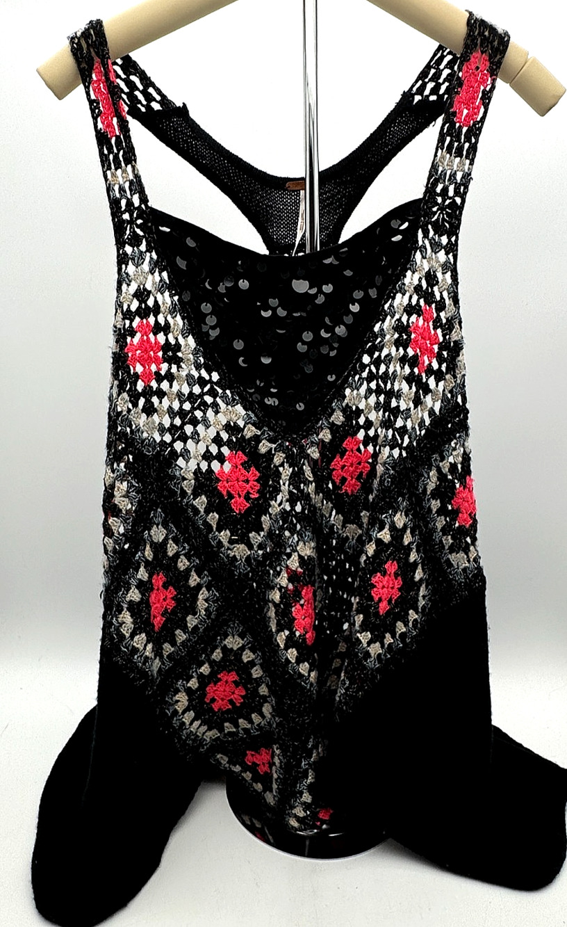 Free People Crochet Square Trapeze Tank Womens L Black Sequin Boho Knit Top